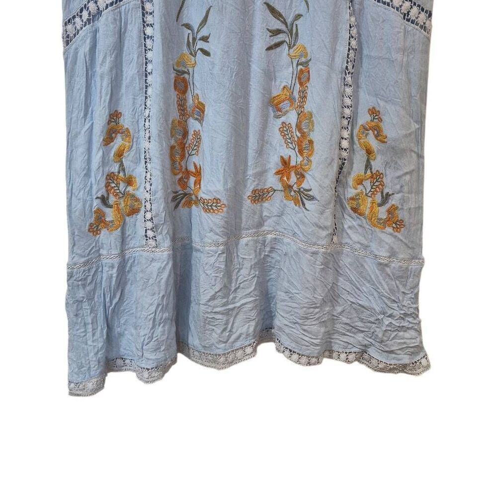 Brass & Roe Light Blue Embroidered Floral Swing Dress Lace Trim Flutter Sleeve M - Picture 11 of 16